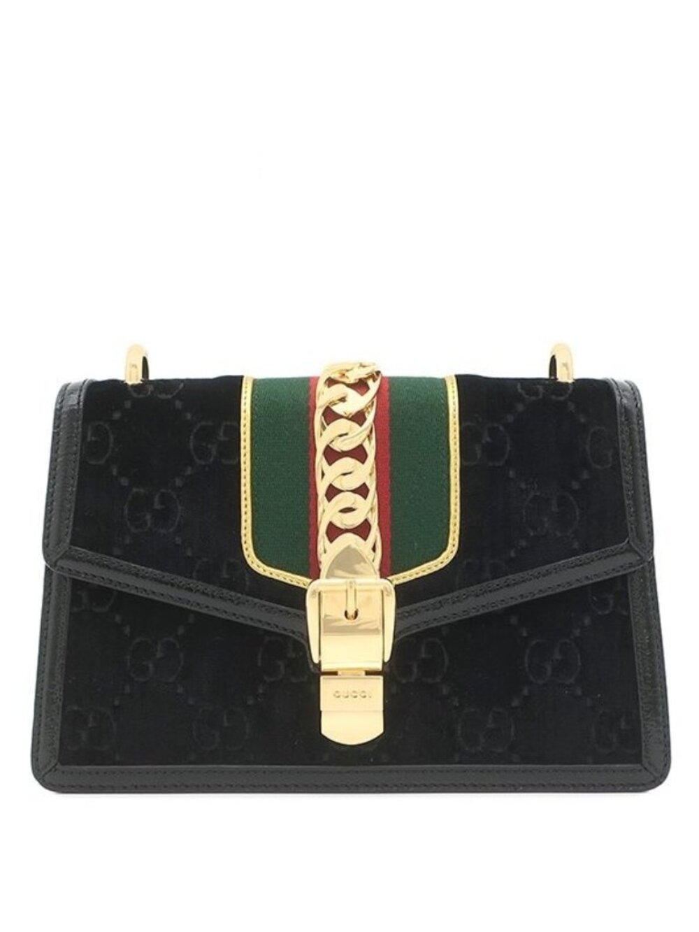 Gucci Shoulder Bag Sylvie Small Velvet Patent Black Gold Sherry Line